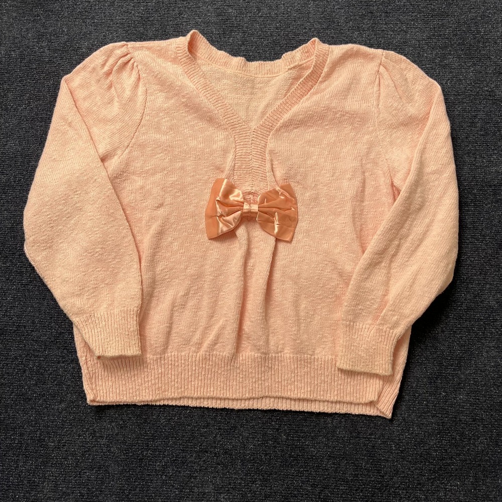 Vintage Sweater Womens Large Pink Knit Pullover V-Neck Satin Bow Long Sleeve